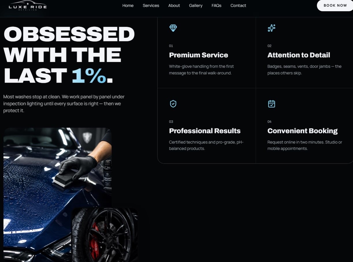 Luxe Ride Detailing concept website — the four service values