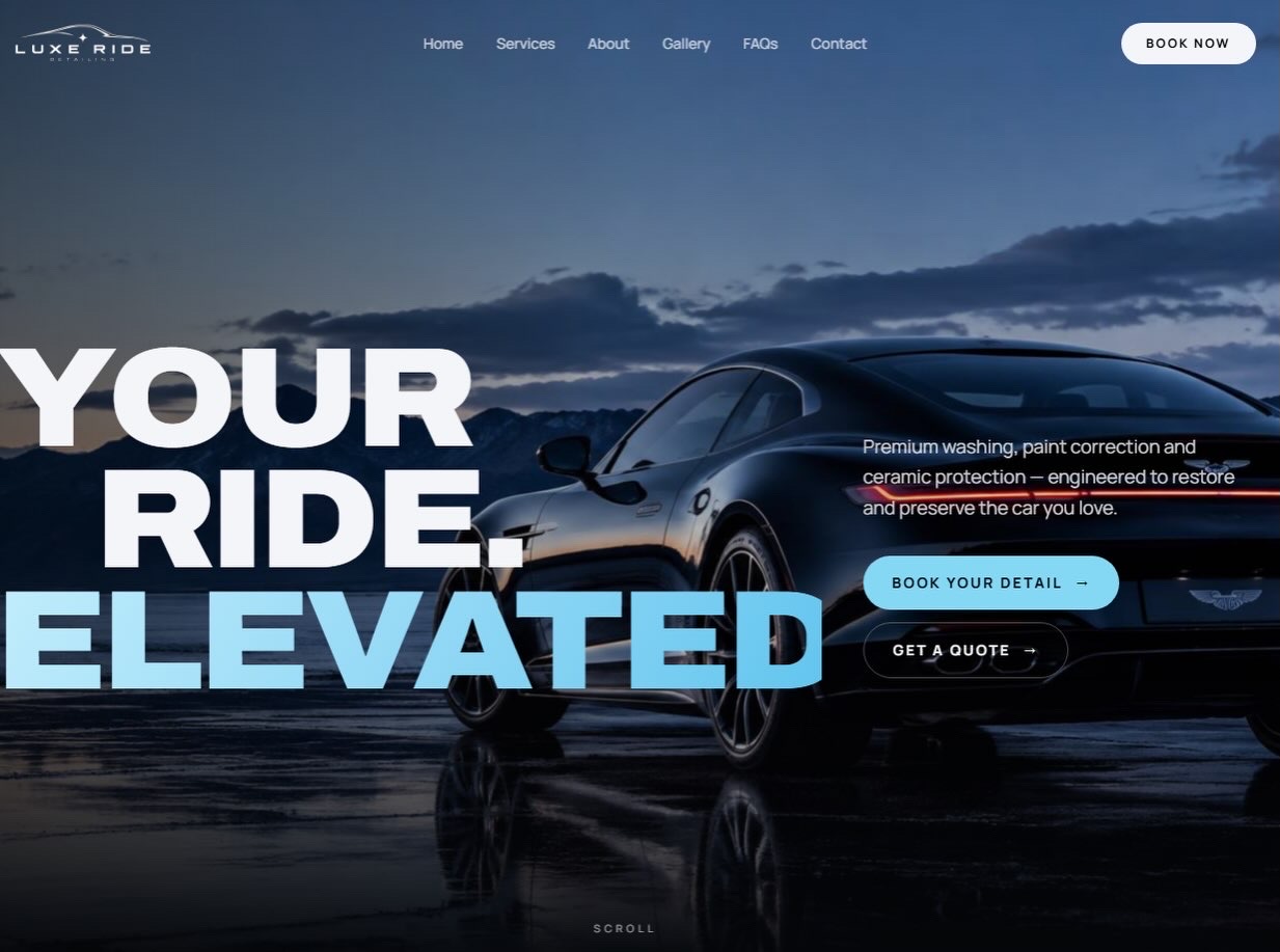 Luxe Ride Detailing concept website — homepage hero