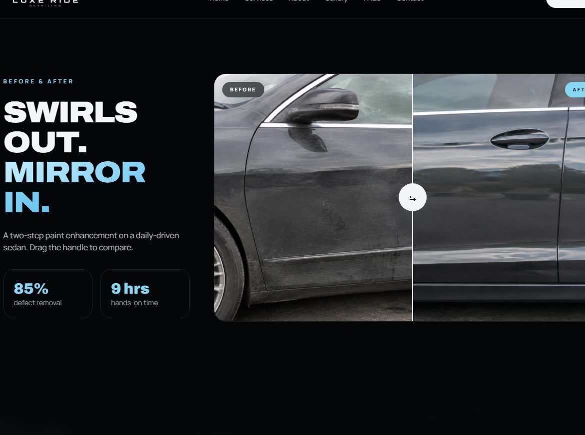 Luxe Ride Detailing concept website — paint correction comparison layout