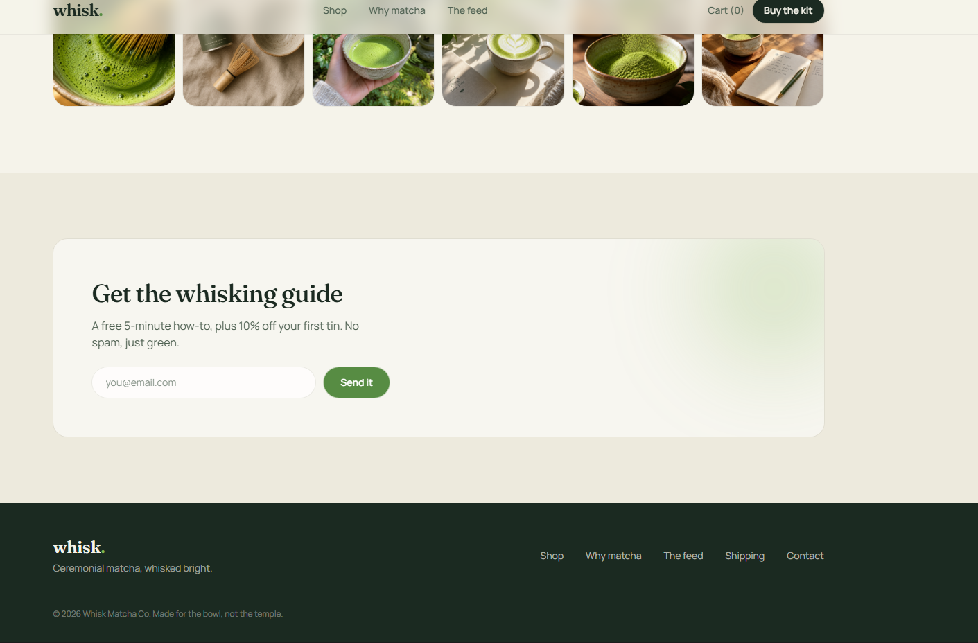 Whisk matcha concept website — newsletter and footer
