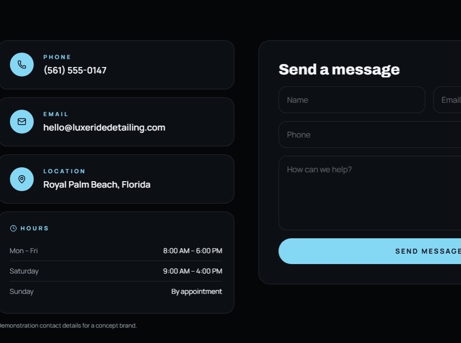 Luxe Ride Detailing concept website — contact details, hours and message form