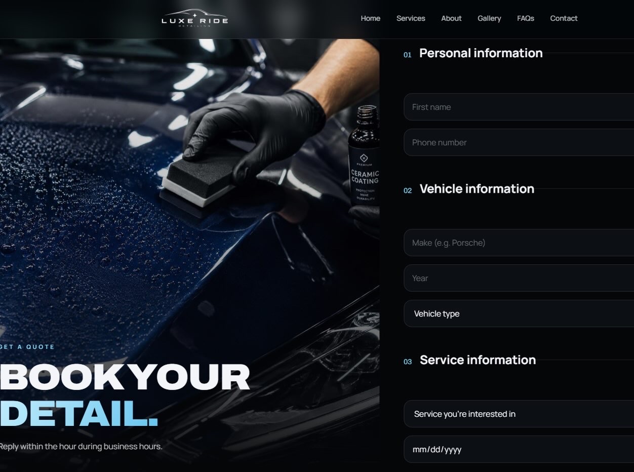 Luxe Ride Detailing concept website — quote request form