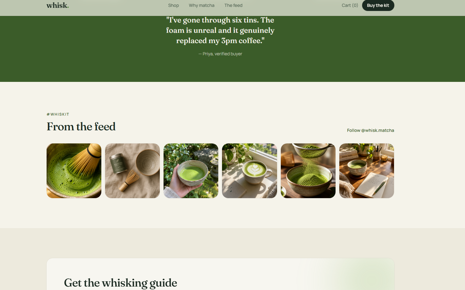 Whisk matcha concept website — social gallery