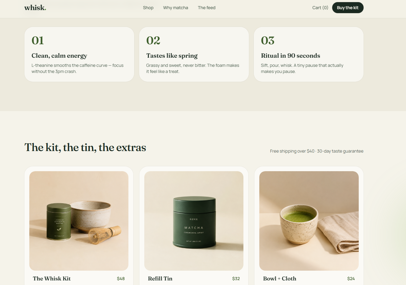 Whisk matcha concept website — benefits and products