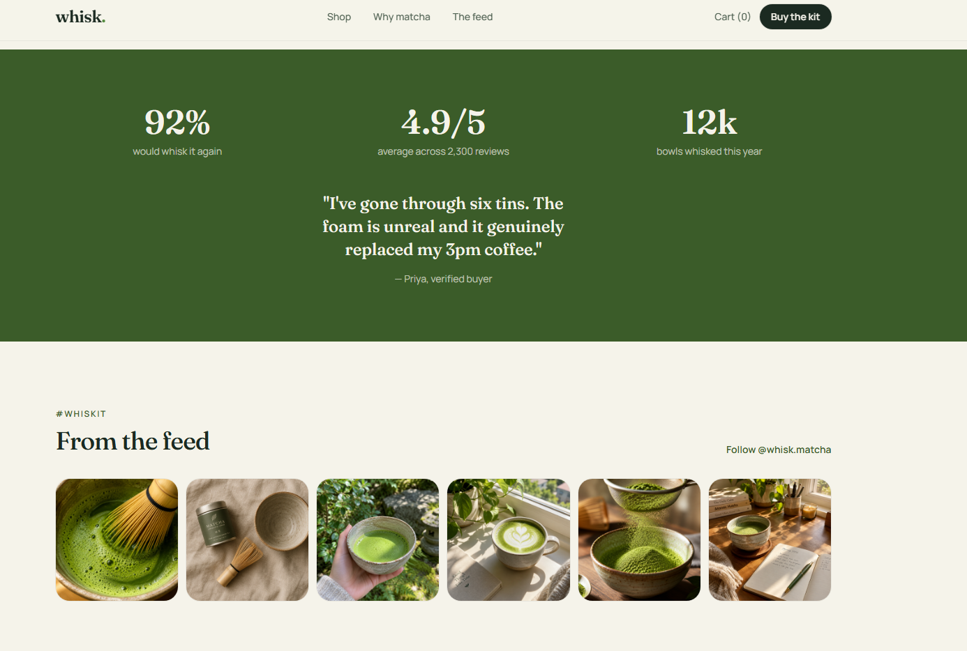 Whisk matcha concept website — testimonial layout concept