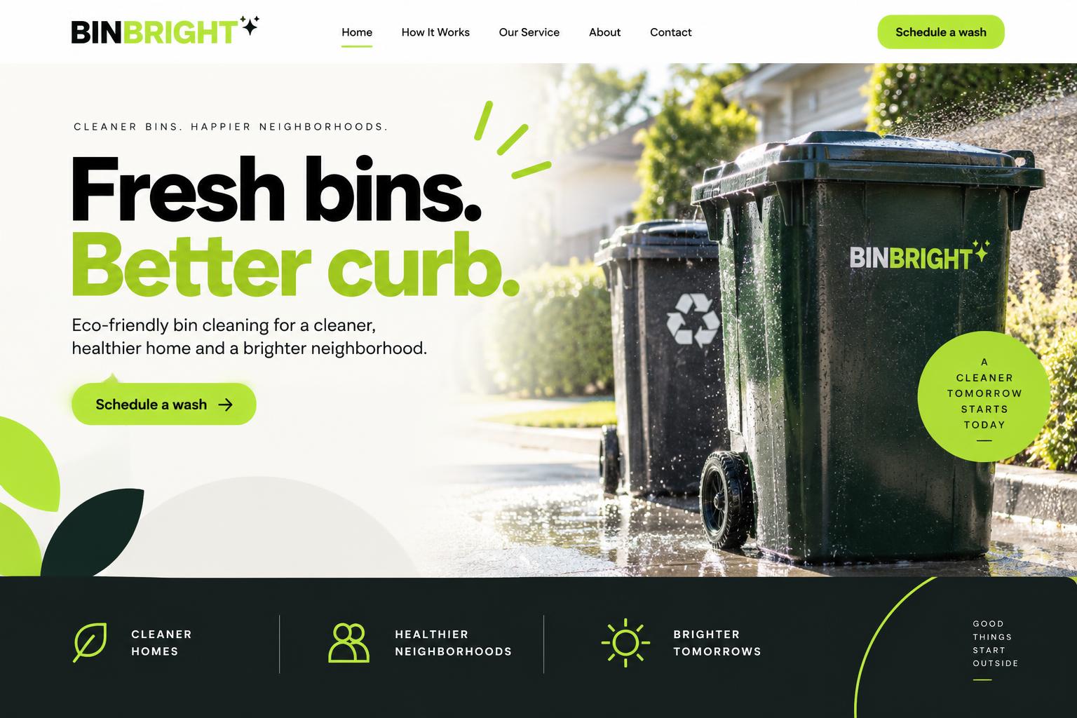 Binbright garbage bin cleaning website concept in lime and black