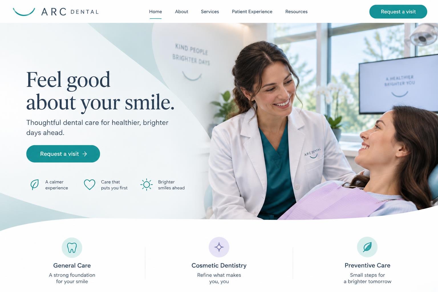 Arc Dental website concept in teal and soft lavender
