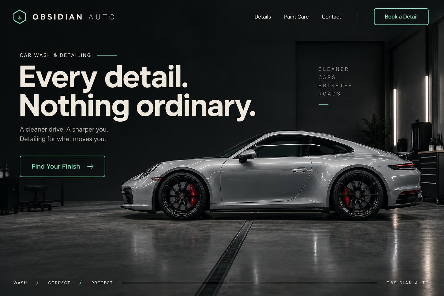 Obsidian Auto detailing website concept in black and mint
