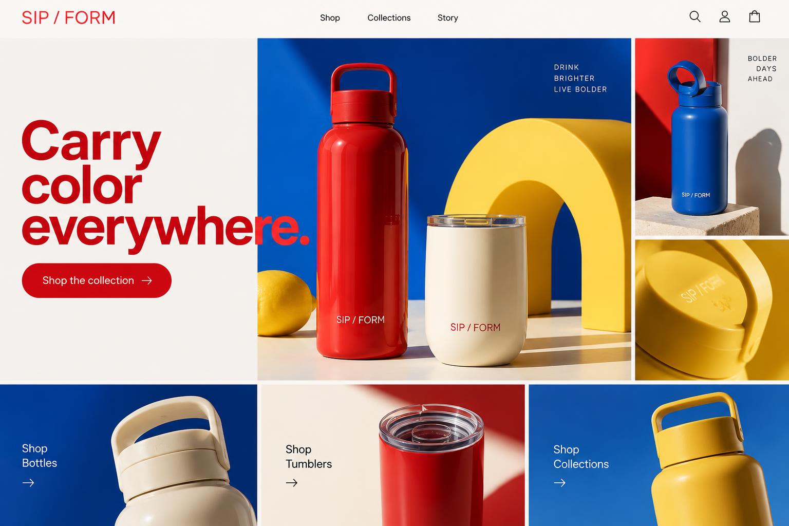Sip Form e-commerce website concept in red, blue, and yellow