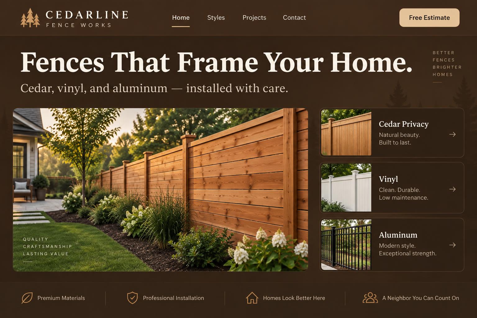 Cedarline Fence Works website concept in cedar brown and warm sand