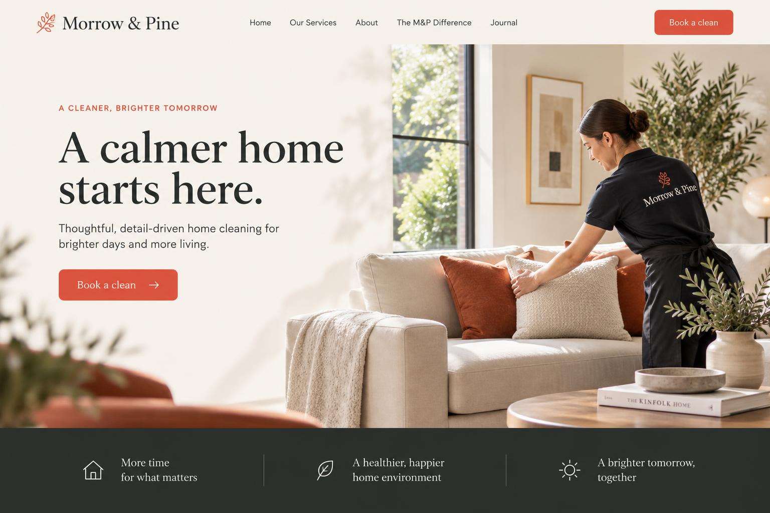 Morrow and Pine home cleaning website concept in ivory and coral