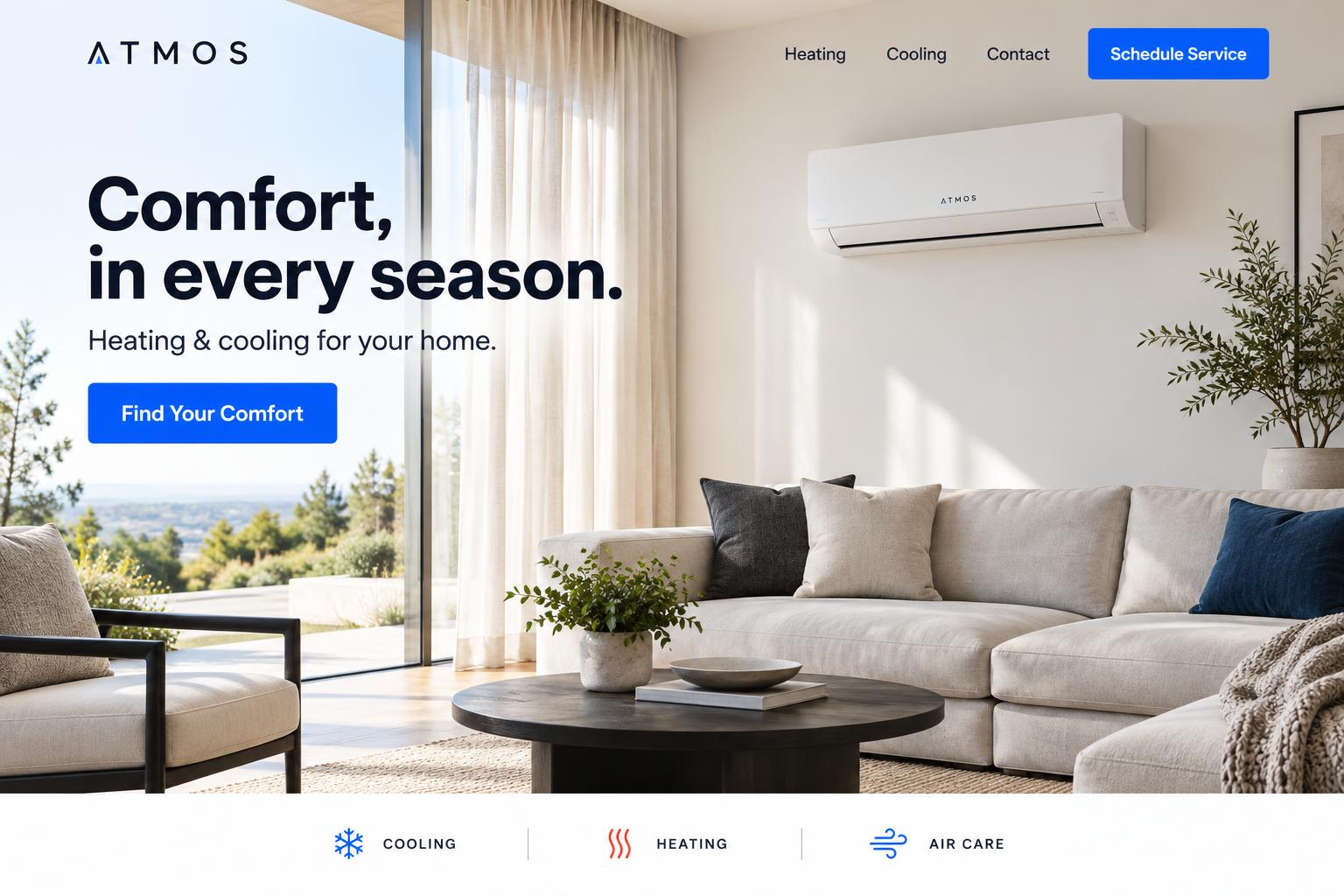 Atmos HVAC website concept in crisp blue and white