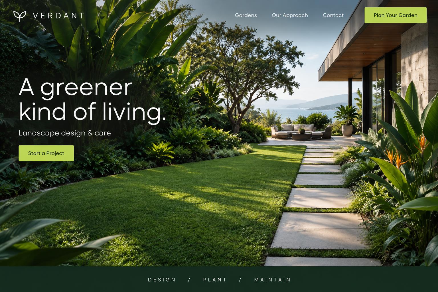 Verdant landscaping website concept with a lush green garden
