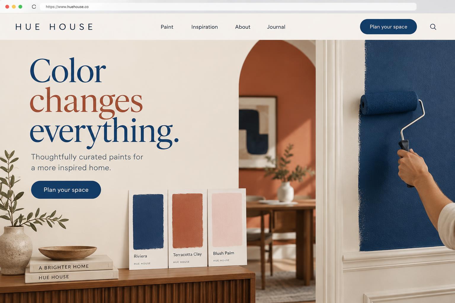 Hue House painting website concept in cobalt and terracotta