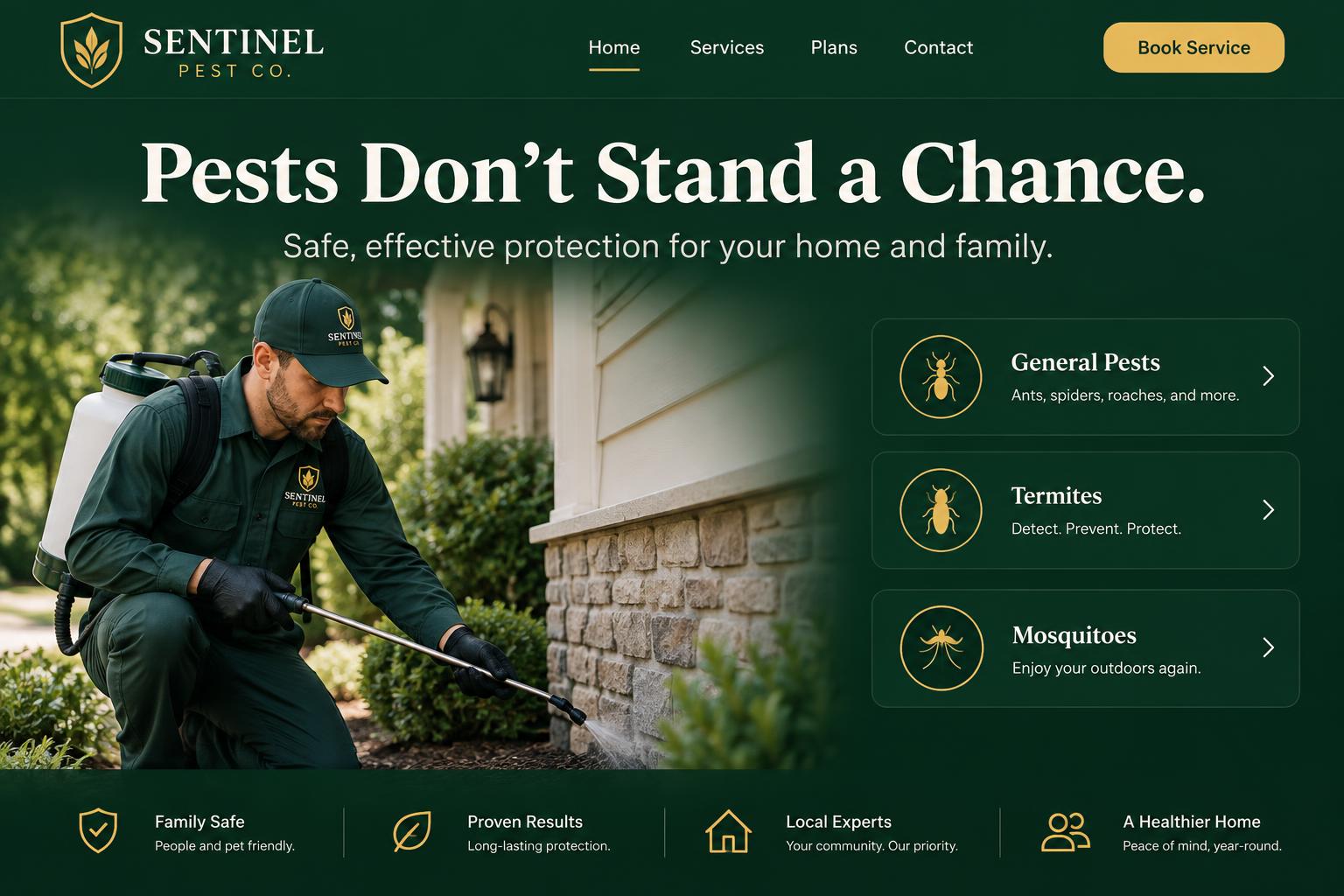 Sentinel Pest Co. website concept in evergreen and gold