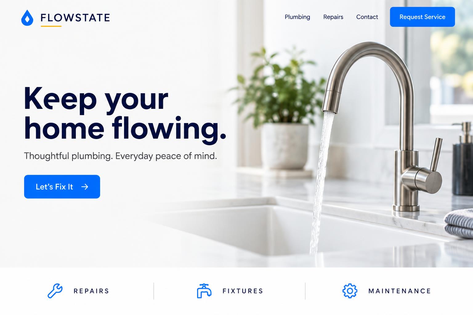 Flowstate plumbing website concept in bright blue and yellow
