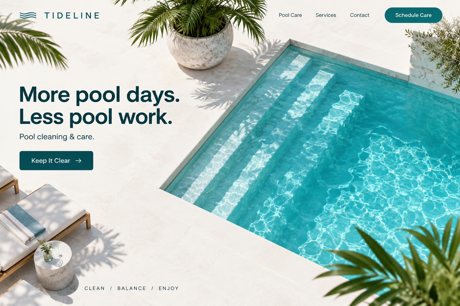 Tideline pool cleaning website concept in aqua and white