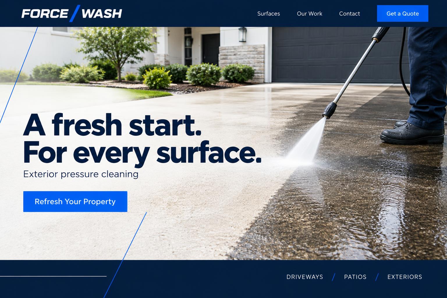Force Wash pressure cleaning website concept in navy and electric blue