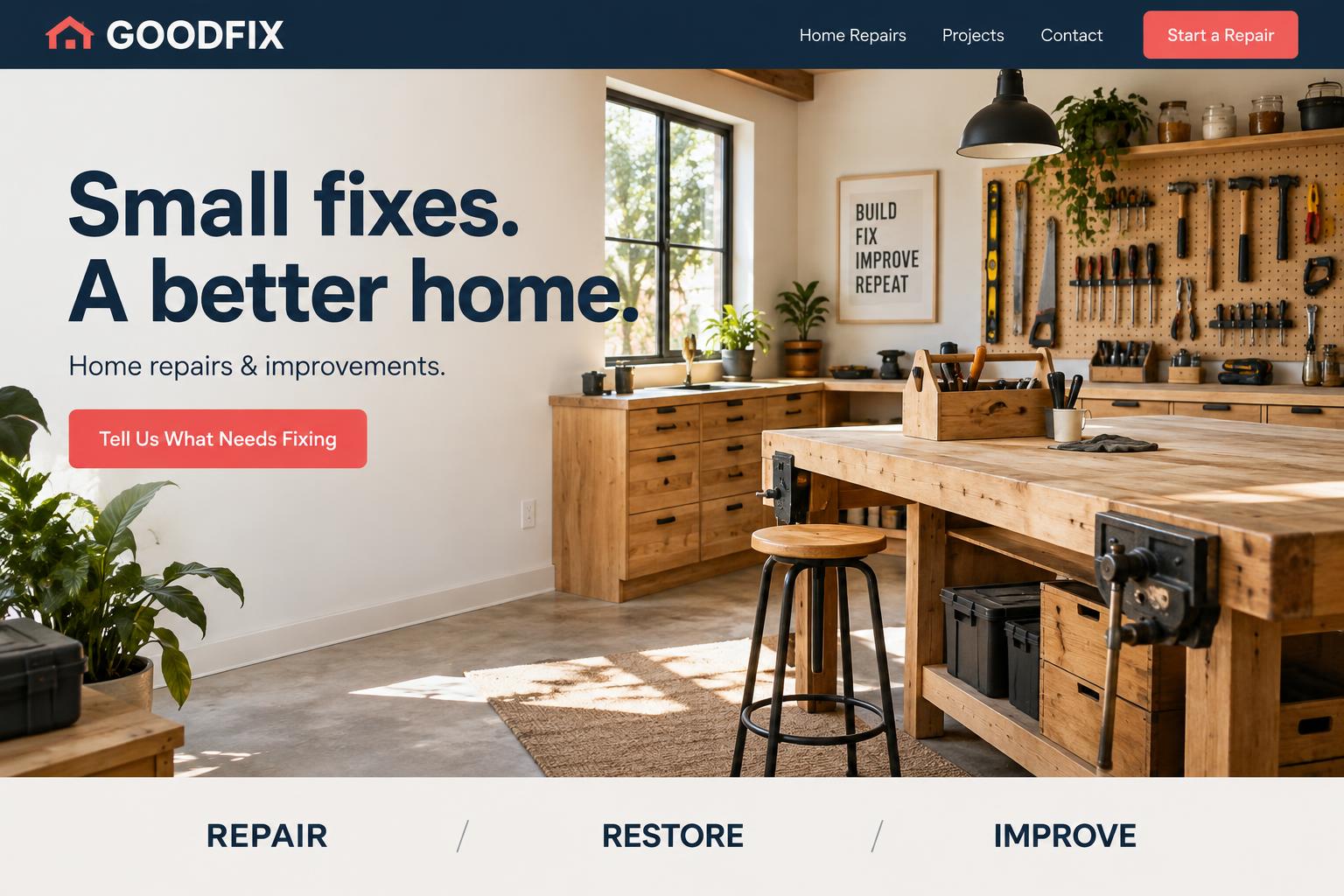 Goodfix house repair website concept in navy and coral