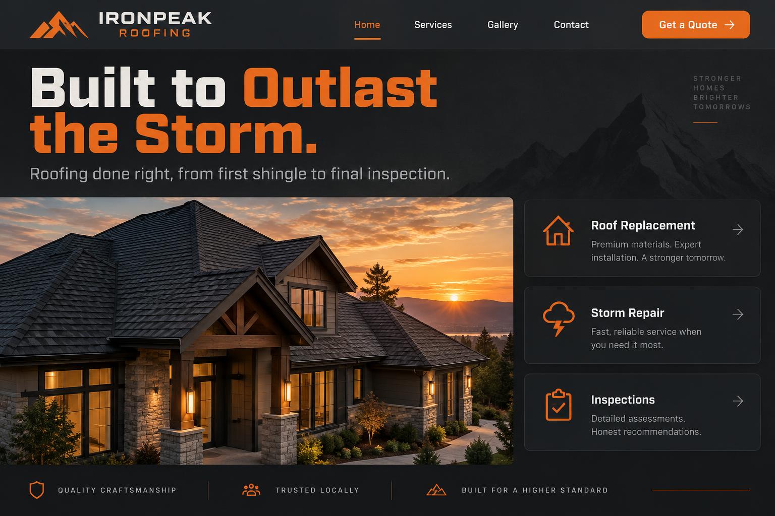 Ironpeak Roofing website concept in slate gray and ember orange