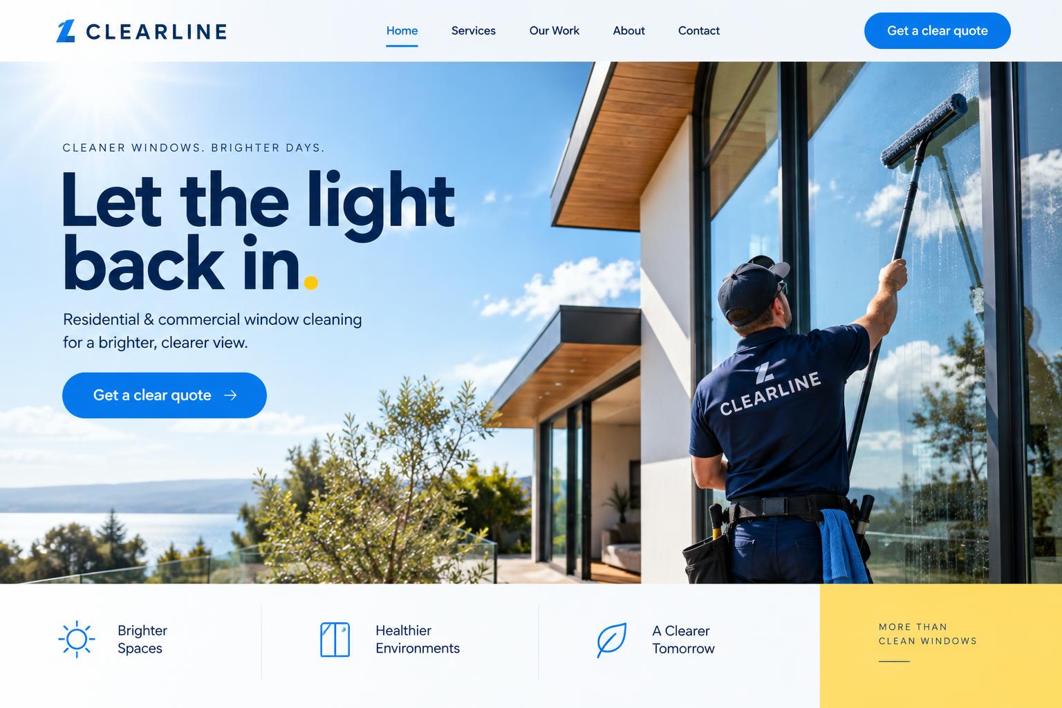 Clearline window cleaning website concept in sky blue and yellow